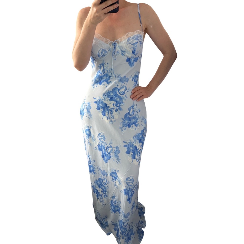 Princess Polly Hamri Maxi‎ Dress White Blue Floral Lace Trim US 6 NWT Vacation